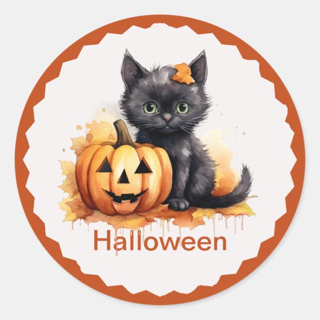 Niedliches Halloween Kitten und Pumpkettensticker Runder Aufkleber (Vorderseite)