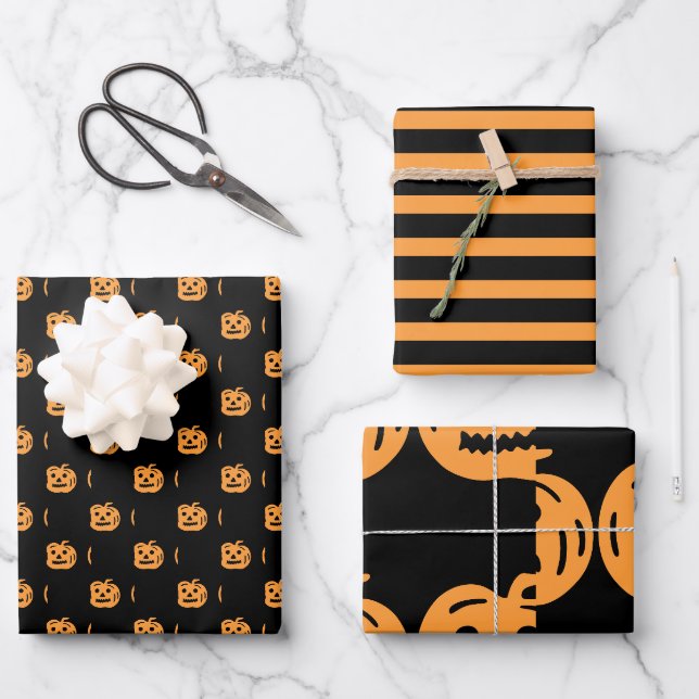Niedliches Halloween Kürkin-Muster gemischt Geschenkpapier Set (Vorderseite)