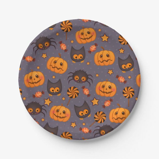 Niedliches Halloween-Muster Lila Hintergrund Pappteller (Vorderseite)