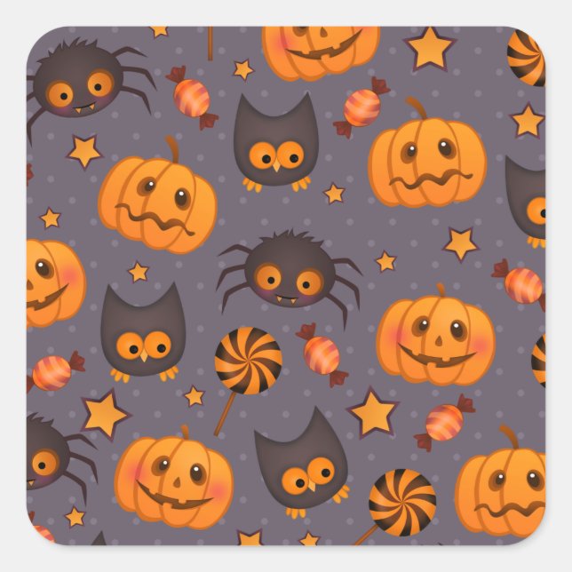 Niedliches Halloween-Muster Lila Hintergrund Quadratischer Aufkleber (Vorderseite)