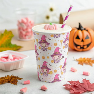 Niedliches Halloween-Muster mit Hexe und Kürpen Pappbecher