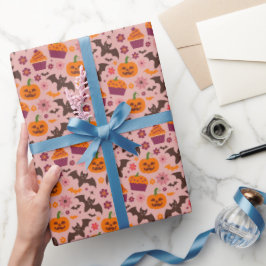 Niedliches Halloween-Muster | Rosa und Orange Fest Geschenkpapier