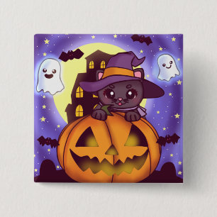 Niedliches Halloween-Oktober Hexenkatze Button
