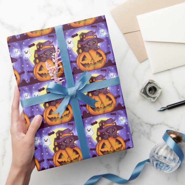 Niedliches Halloween-Oktober Hexenkatze Geschenkpapier (Schenken)