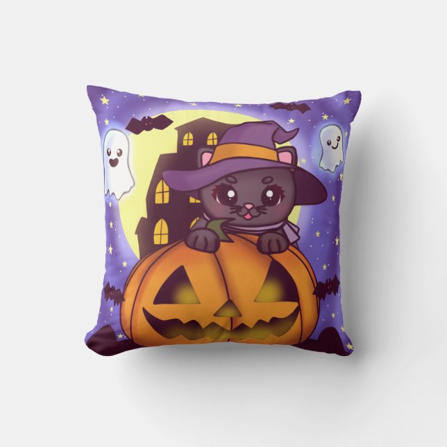 Niedliches Halloween-Oktober Hexenkatze Kissen (Vorderseite)