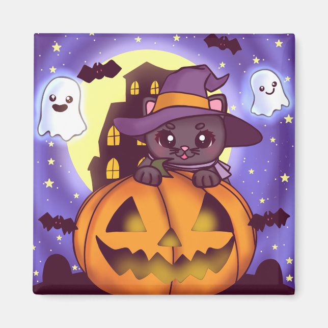 Niedliches Halloween-Oktober Hexenkatze Magnet (Vorne)
