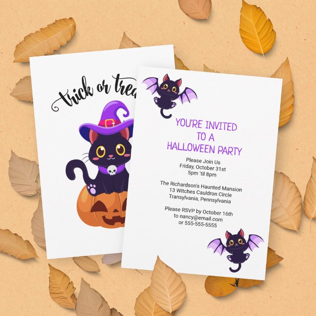 Niedliches Halloween-Party für Schwarze Katzen Einladung (Front and Back View)