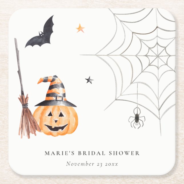 Niedliches Halloween Pumpkin Spider Web-Brautparty Rechteckiger Pappuntersetzer (Vorderseite)