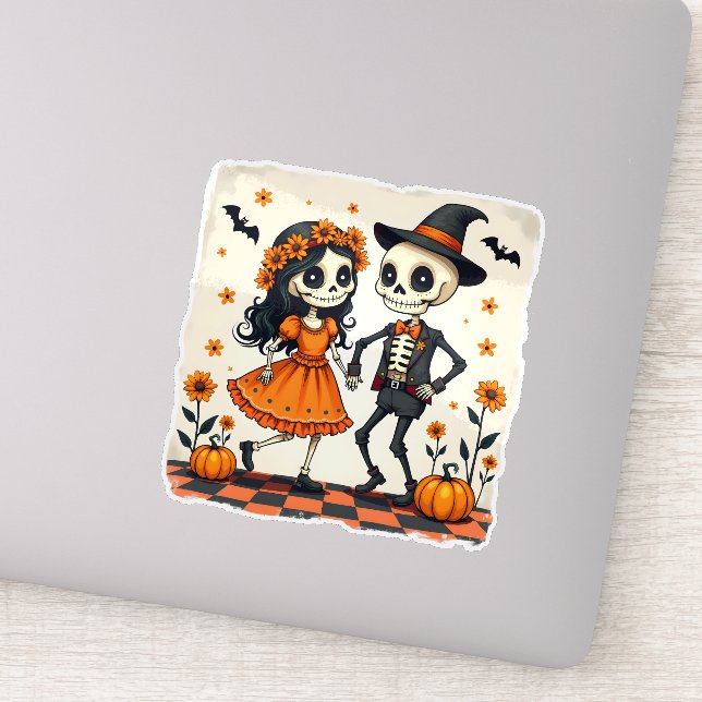 Niedliches Halloween Skeleton-Paar in Orange Aufkleber (Detail)