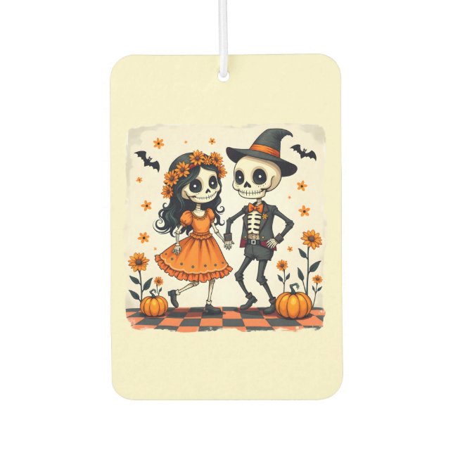 Niedliches Halloween Skeleton-Paar in Orange Autolufterfrischer (Vorderseite)