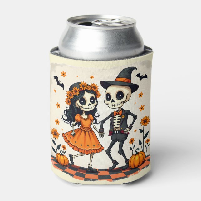 Niedliches Halloween Skeleton-Paar in Orange Dosenkühler (Kanne Vorderseite)