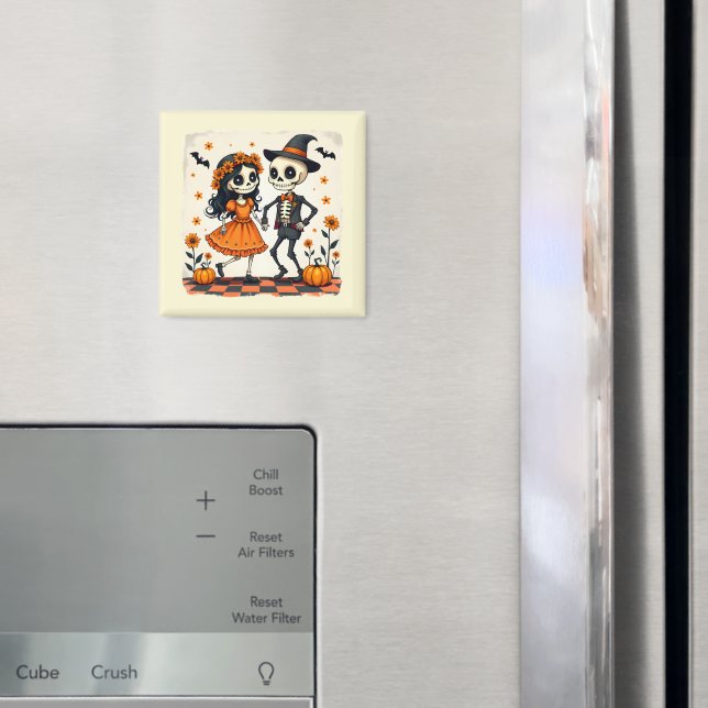 Niedliches Halloween Skeleton-Paar in Orange Magnet (In Situ (Kühlschrank))