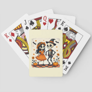 Niedliches Halloween Skeleton-Paar in Orange Spielkarten