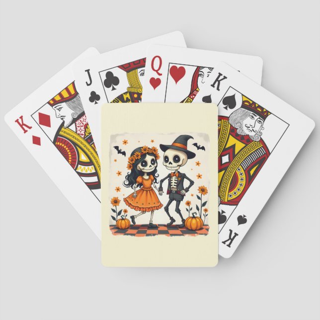 Niedliches Halloween Skeleton-Paar in Orange Spielkarten (Rückseite)