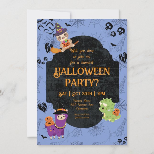 Niedliches Halloween Sloth, Llama, Dino Party Einladung (Vorderseite)