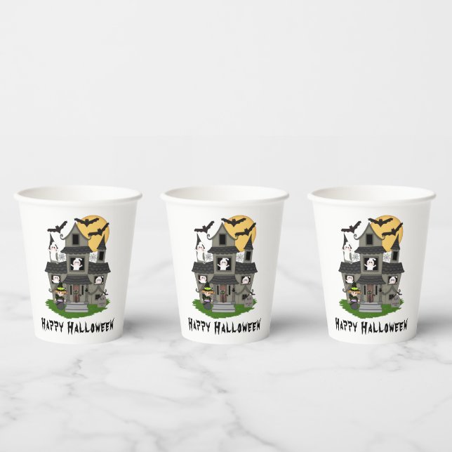 Niedliches Halloween Spuk Haus und kleine Hexe Pappbecher (Multi)