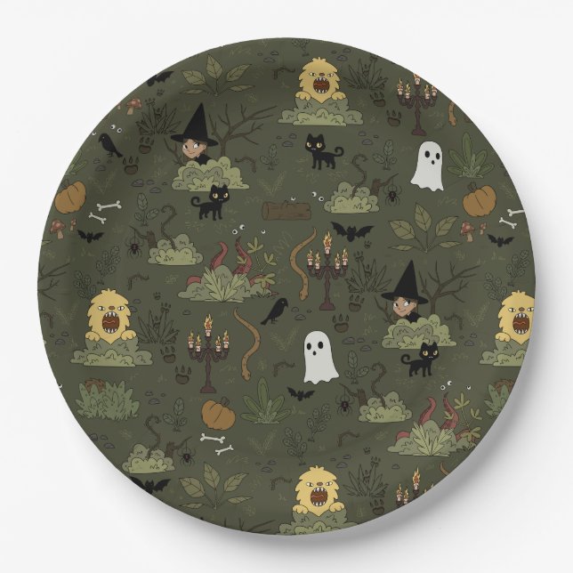 Niedliches Halloween-Spuk-Waldmuster Pappteller (Vorderseite)