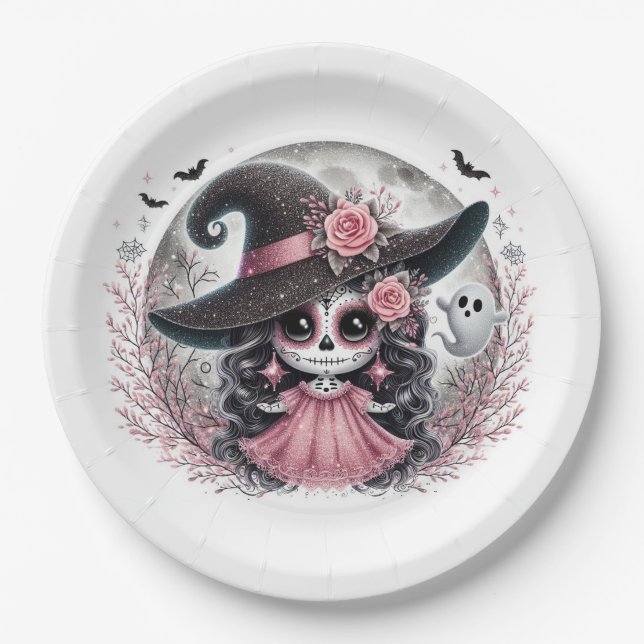 Niedliches Halloween Sugar Skull Spuk Szene Pappteller (Vorderseite)
