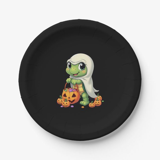 Niedliches Halloween Turtle Ghost mit Candy (4) Pappteller (Vorderseite)