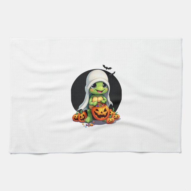 Niedliches Halloween Turtle Ghost mit Candy (7) Geschirrtuch (Horizontal)