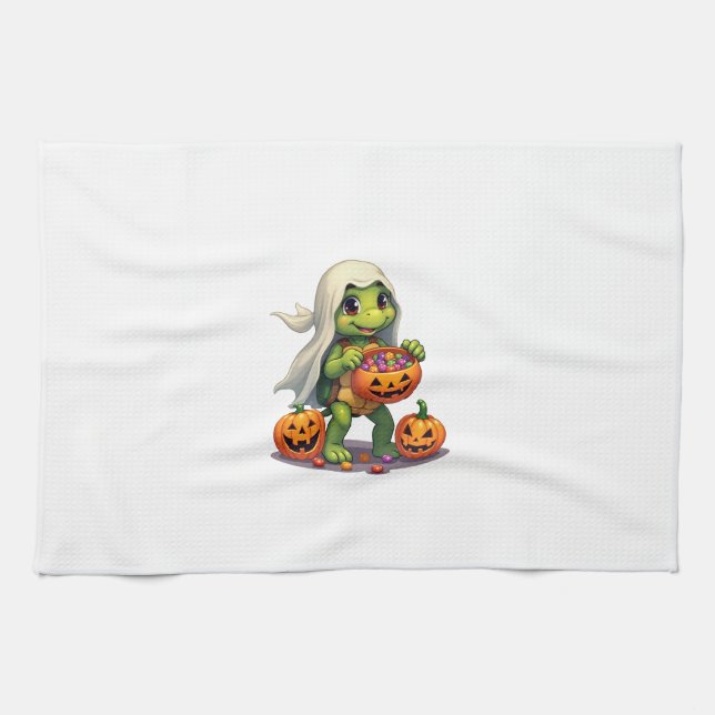 Niedliches Halloween Turtle Ghost mit Candy (8) Geschirrtuch (Horizontal)