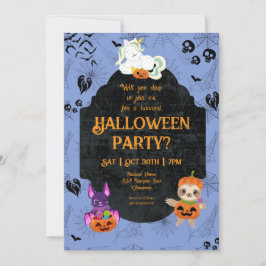 Niedliches Halloween Unicorn, Bat, Sloth Party Einladung