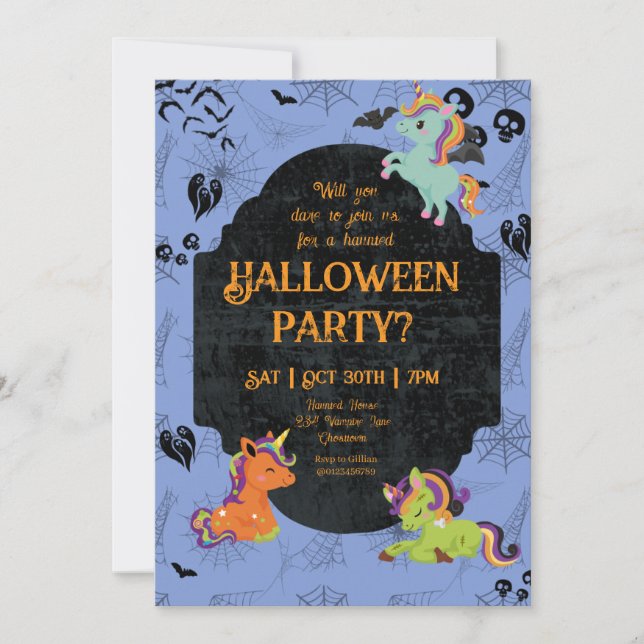 Niedliches Halloween Unicorns 2 Party Einladung (Vorderseite)