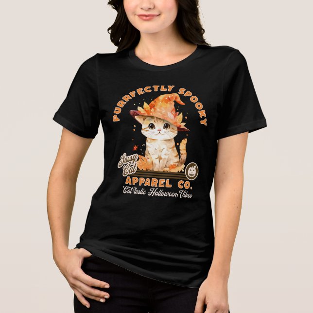 Niedliches Halloween Vibes Kitty Witch Hat Purrfec Tri-Blend Shirt (Vorderseite)