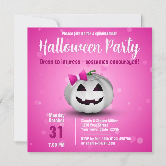 Niedliches Halloween White Pumpkin Pink Girly Einladung (Vorderseite)