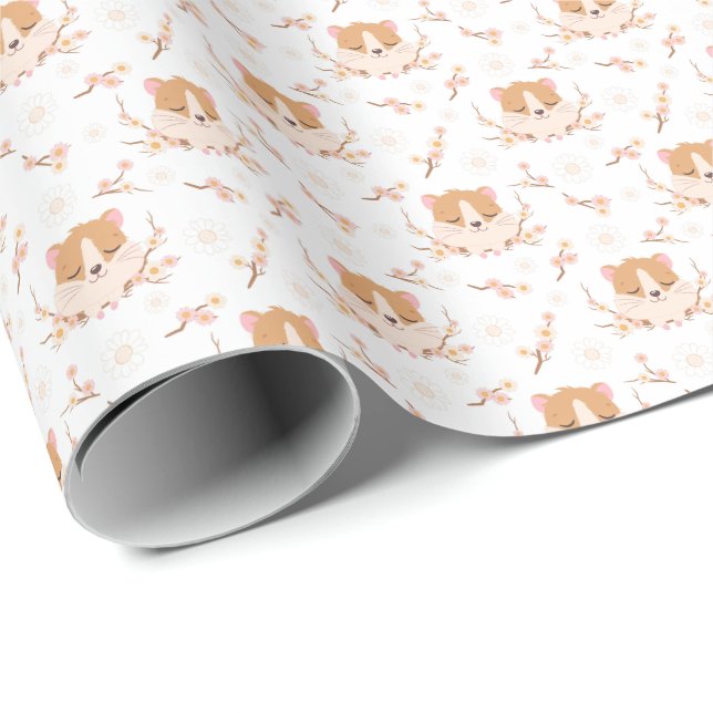 Niedliches Hamstergesicht und rosa Blume Muster Geschenkpapier (Rolleneckpunkt)
