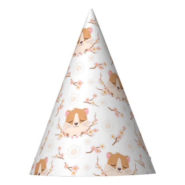 Niedliches Hamstergesicht und rosa Blume Muster Partyhütchen (Vorderseite)