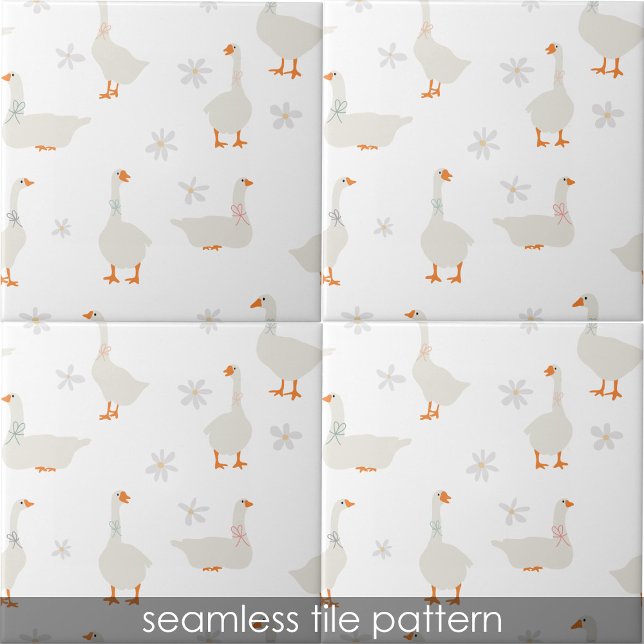 Niedliches Handgezogenes Gänse & Kinderbecken Fliese (Cute Hand Drawn Goose & Daisies Kids Bathroom Ceramic Tile)