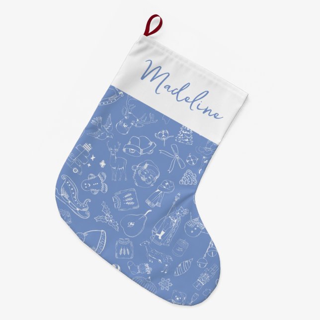 Niedliches Handgezogenes Holiday Doodle Muster Großer Weihnachtsstrumpf (Vorderansicht (hängend))
