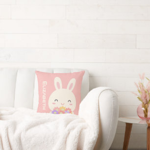 Niedliches Happy Bunny und Blume Rosa Kissen