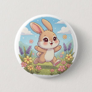 Niedliches Häschen hüpft auf einem Blumenfeld Button