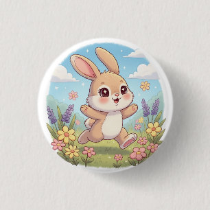 Niedliches Häschen hüpft auf einem Blumenfeld Button