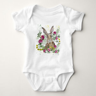 Niedliches Hasen in Aquarellfarben-Blume Baby Strampler