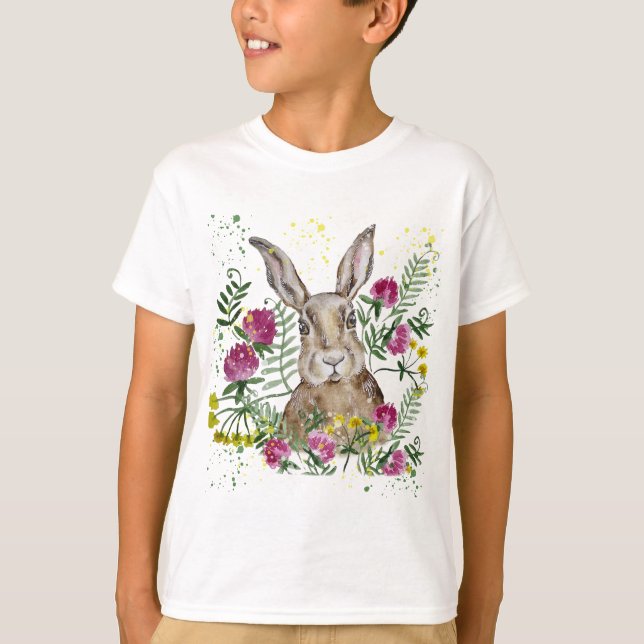 Niedliches Hasen in Aquarellfarben-Blume T-Shirt (Vorderseite)