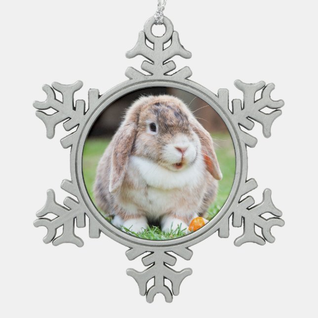 Niedliches Hasen Schneeflocken Zinn-Ornament (Vorderseite)