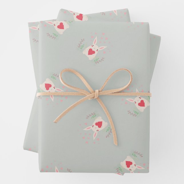 Niedliches Hasen- und Herzmuster grau Geschenkpapier Set (Beispiel)