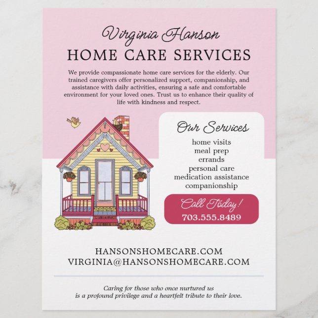 Niedliches Haus Caregiver Caretaker Services Rosa  Flyer (Vorne)