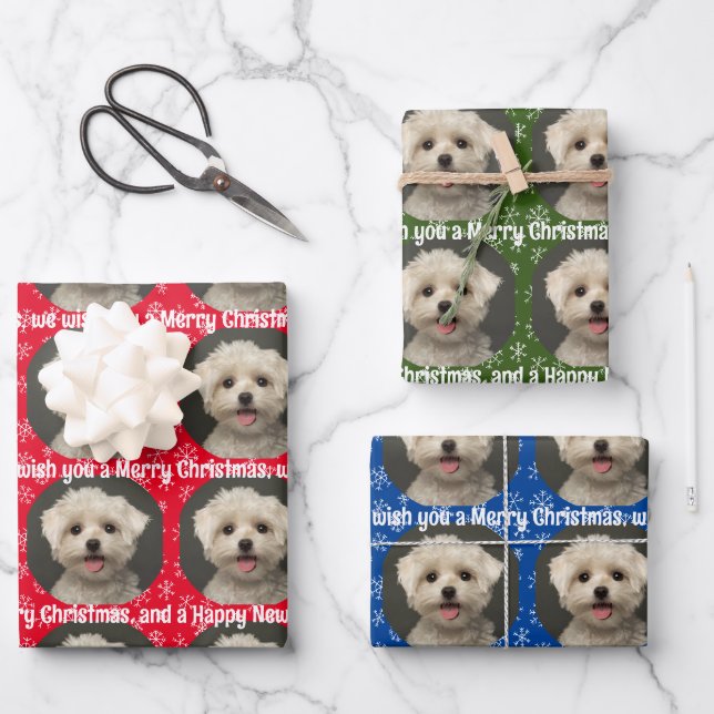 Niedliches Haustier Foto Muster Schneeflocken Froh Geschenkpapier Set (Vorderseite)