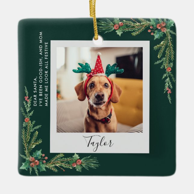 Niedliches Haustier Foto Script Funny Dog Weihnach Keramikornament (Vorderseite)