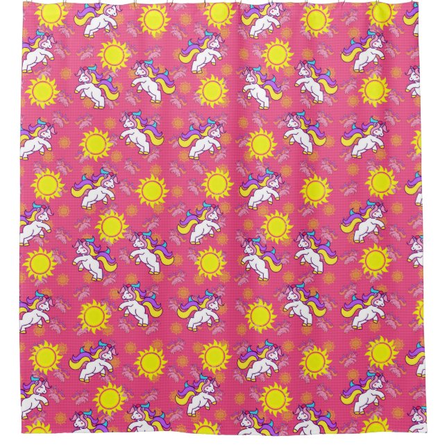 Niedliches, heiß rosa, sonniges Einhornmuster Duschvorhang (Vorderseite)