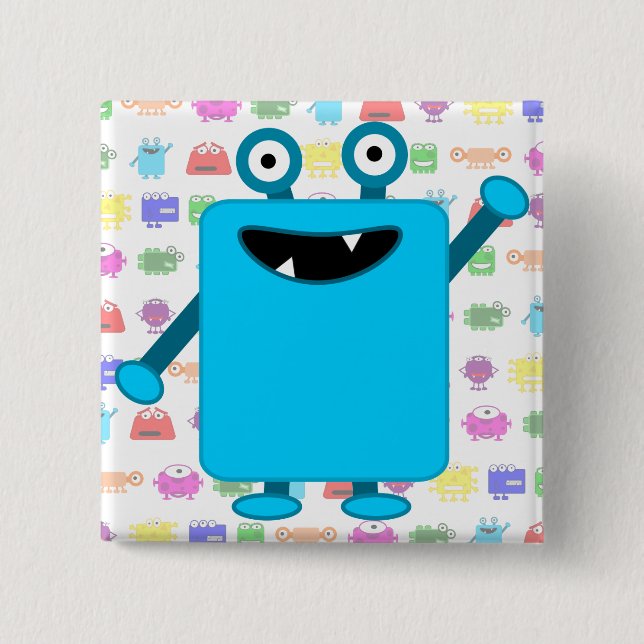 Niedliches hellblaues Cartoon-Monster Button (Vorderseite)