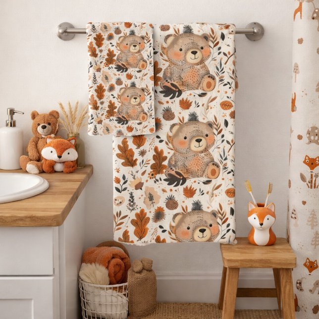 Niedliches Herbstbär- und Waldblattmuster Badhandtuch Set (Von Creator hochgeladen)