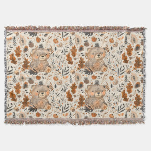 Niedliches Herbstbär- und Waldblattmuster Decke