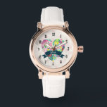 Niedliches Herz mit tropischen Blume Personalisier Armbanduhr<br><div class="desc">Eine personalisierte Uhr. Passen Sie Ihren Namen in kurvigem Text in einem blau-grünen Band an, das über ein reizendes Herz mit Blume und Blätter in Rosa, Grün und Gelb geschichtet ist. Der Hintergrund ist ein verblasstes Muster mit Kreisen in hellrosa und weiß. Köstliches und skurriles Design mit einem Vintagen Flair....</div>