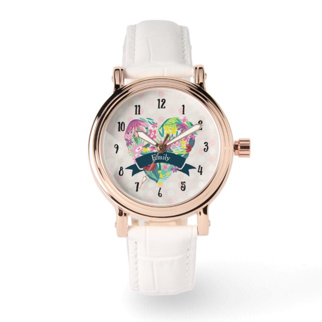 Niedliches Herz mit tropischen Blume Personalisier Armbanduhr (Vorderseite)