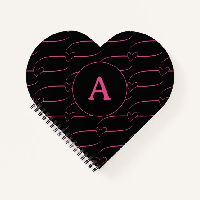 Niedliches Herz Monogram Black Magenta Notizbuch (Vorderseite)